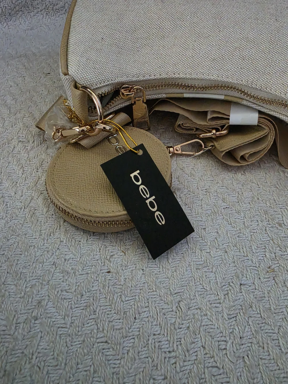 bebe Paisley Canvas Crossbody Bag with Coin Purse in the Almond